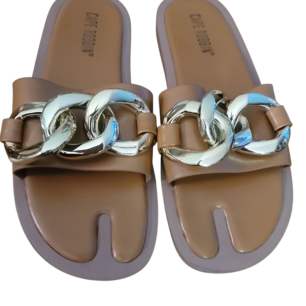 Cape Robbin Tan Slide Sandals with Silver Chain - Picture 2 of 5